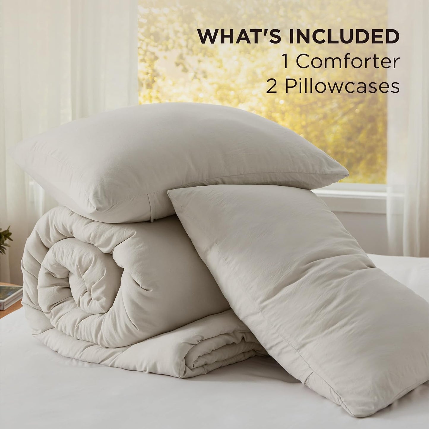 Bedsure Queen Size Comforter Set, Beige Soft Prewashed Bedding for All Seasons, 3 Pieces GentleSoft™ Warm Down Alternative Bed Set, 1 Lightweight Comforter (90"x90") and 2 Pillowcases (20"x26")