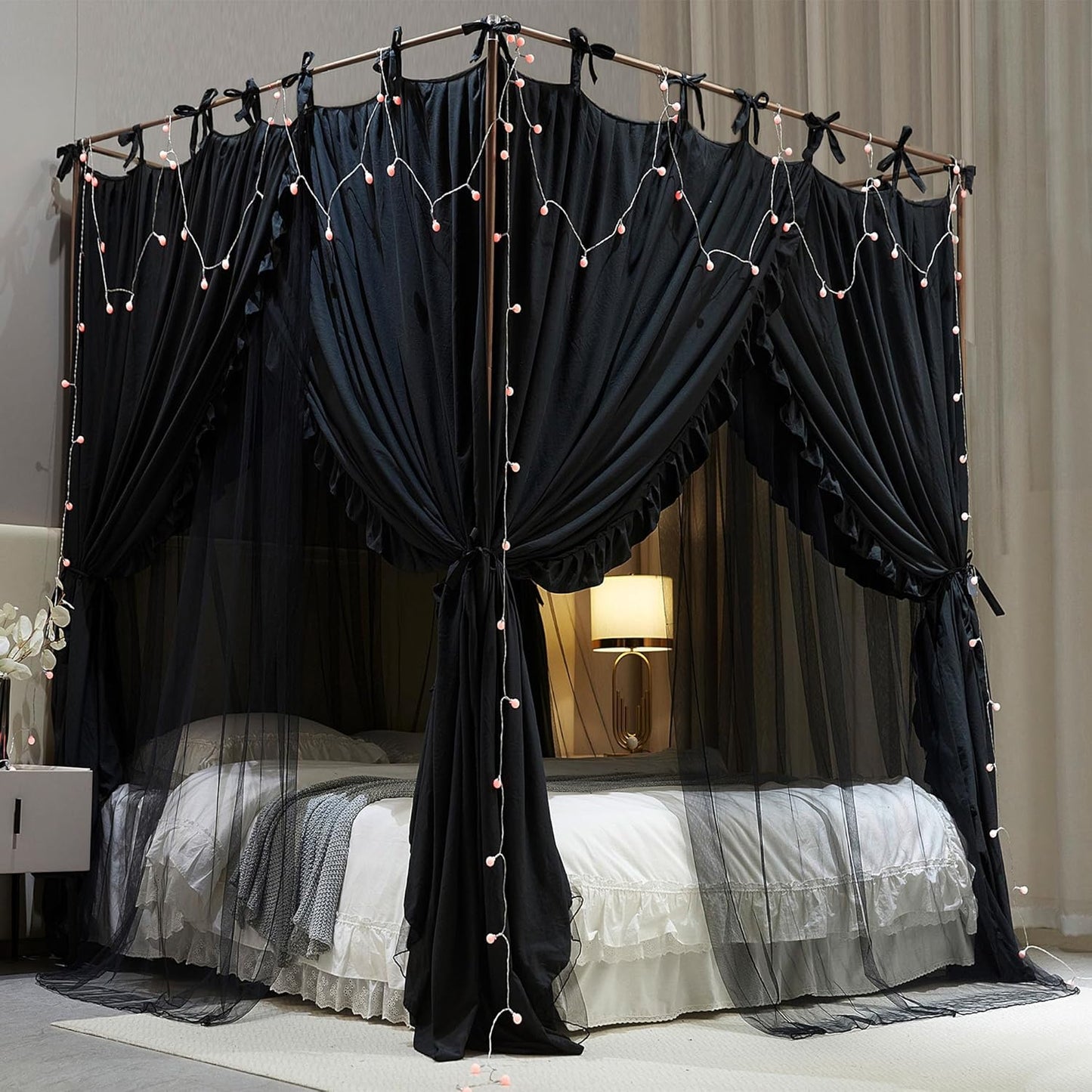 4 Corners Post Princess Curtain Bed Canopy Double Layer Cozy Mosquito Net Mesh and Cloth for Girls Adults Bedroom Decoration (Double-Black/Black, 64" W*82" L*82"*H/(Queen))