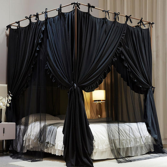 4 Corners Post Princess Curtain Bed Canopy Double Layer Cozy Mosquito Net Mesh and Cloth for Girls Adults Bedroom Decoration (Double-Black/Black, 64" W*82" L*82"*H/(Queen))