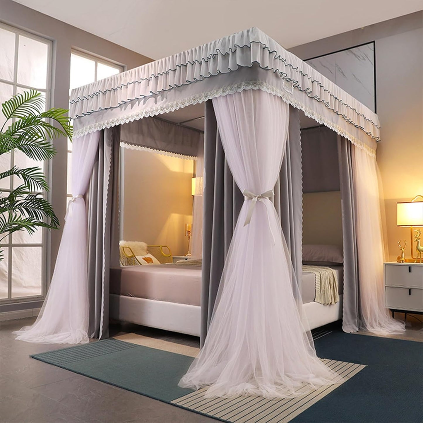 Elegant Double-Layer Canopy Bed Curtains - Luxurious Lace Princess Bed Canopy for Girls & Adults - Fits Twin, Full, Queen, King Beds - Bed Privacy & Blackout Sleeping Tents(Green,150x200cm/Full)