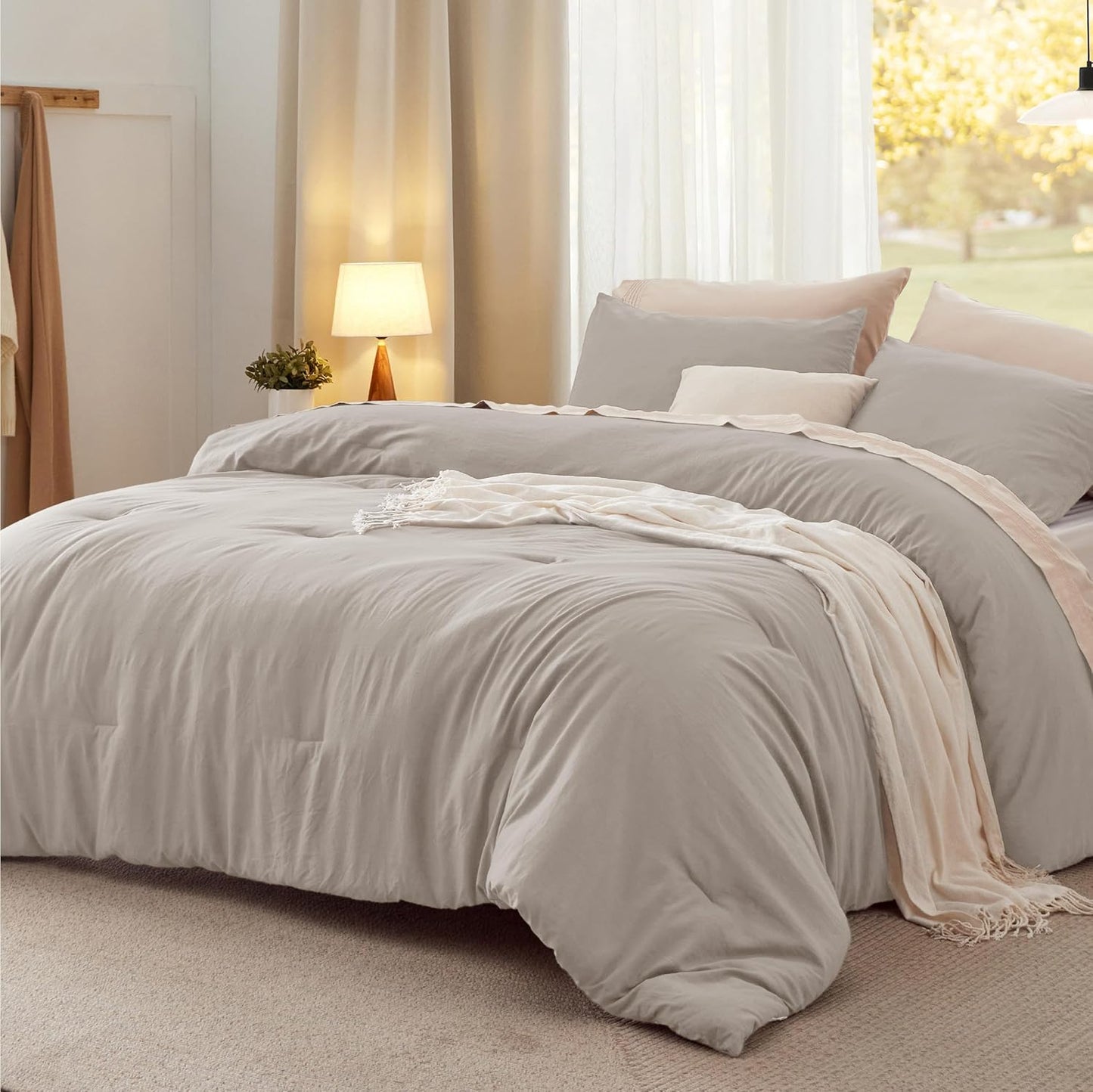 Bedsure Queen Size Comforter Set, Beige Soft Prewashed Bedding for All Seasons, 3 Pieces GentleSoft™ Warm Down Alternative Bed Set, 1 Lightweight Comforter (90"x90") and 2 Pillowcases (20"x26")