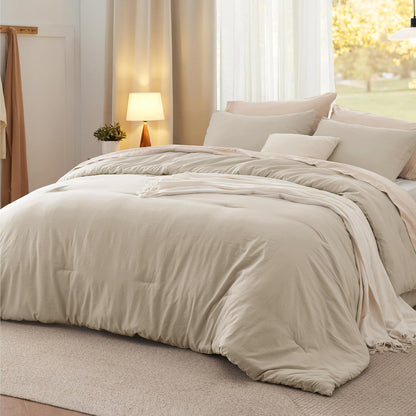 Bedsure Queen Size Comforter Set, Beige Soft Prewashed Bedding for All Seasons, 3 Pieces GentleSoft™ Warm Down Alternative Bed Set, 1 Lightweight Comforter (90"x90") and 2 Pillowcases (20"x26")