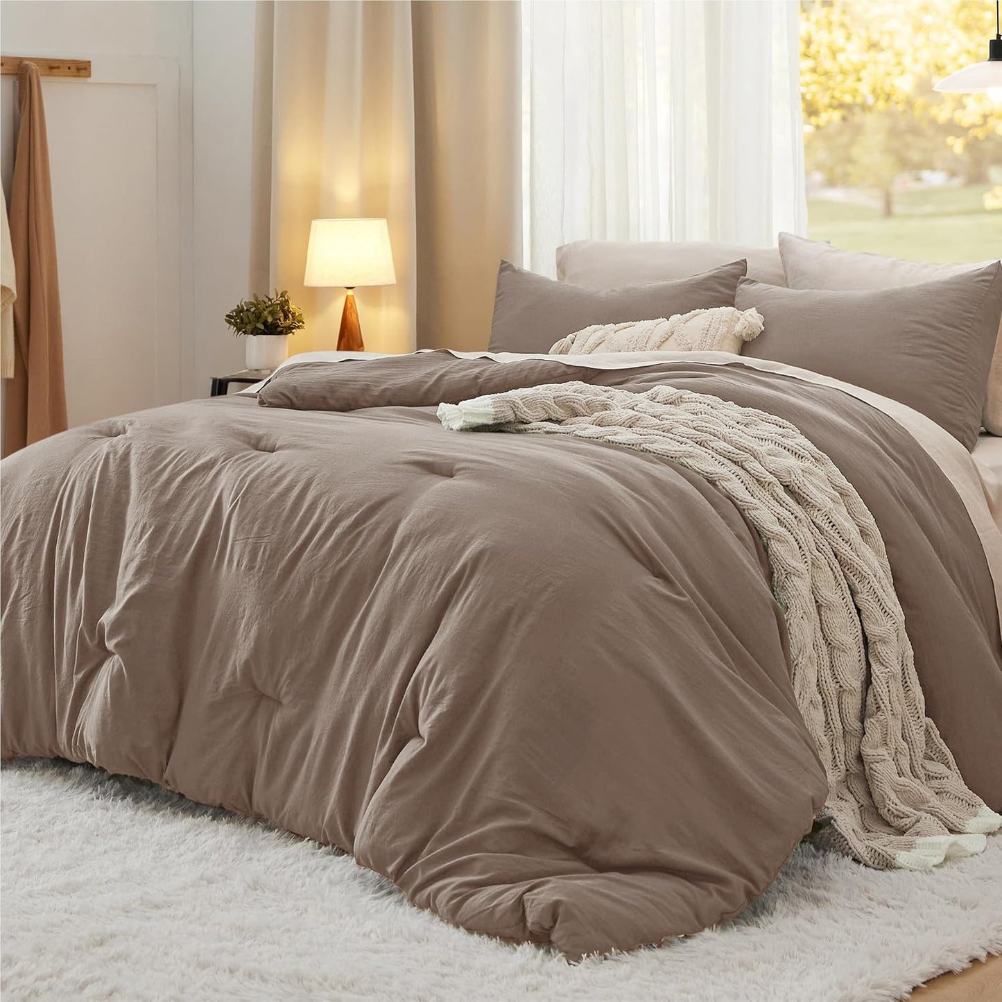 Bedsure Queen Size Comforter Set, Beige Soft Prewashed Bedding for All Seasons, 3 Pieces GentleSoft™ Warm Down Alternative Bed Set, 1 Lightweight Comforter (90"x90") and 2 Pillowcases (20"x26")