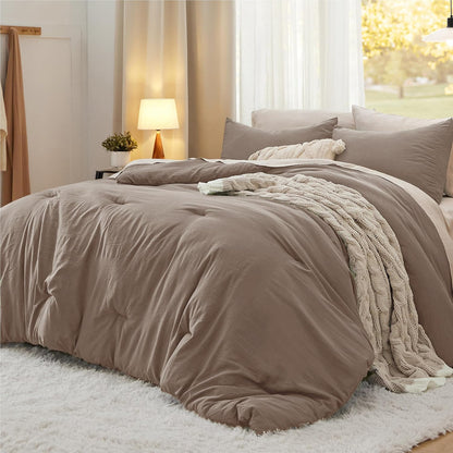 Bedsure Queen Size Comforter Set, Beige Soft Prewashed Bedding for All Seasons, 3 Pieces GentleSoft™ Warm Down Alternative Bed Set, 1 Lightweight Comforter (90"x90") and 2 Pillowcases (20"x26")