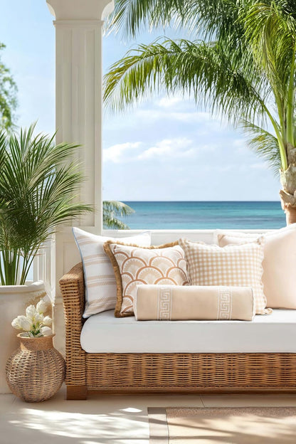 Hofdeco Premium Coastal Hampton Patio Indoor Outdoor Bolster Pillow Cover Only, 8"x24" Water Repellent for Backyard, Couch, Poolside, Neutral Tan Embroidered Greek Key