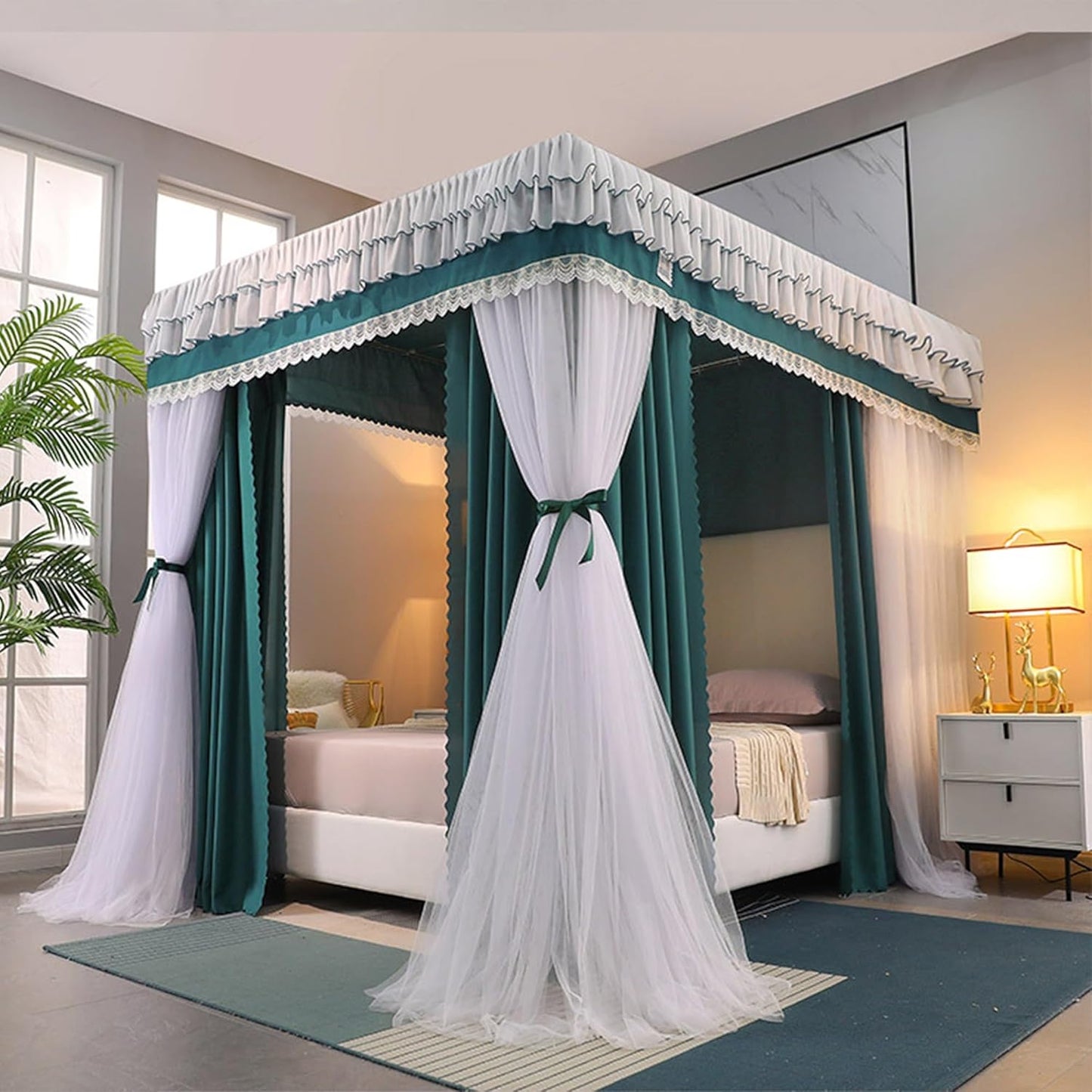 Elegant Double-Layer Canopy Bed Curtains - Luxurious Lace Princess Bed Canopy for Girls & Adults - Fits Twin, Full, Queen, King Beds - Bed Privacy & Blackout Sleeping Tents(Green,150x200cm/Full)