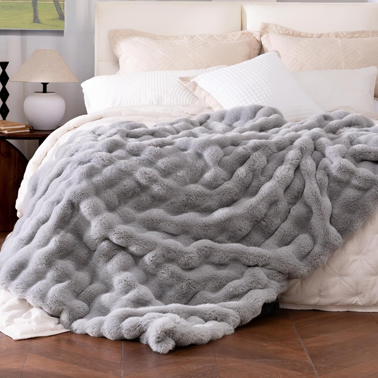 Ultra Soft Cozy Faux Fur Throw Blanket, Fuzzy Plush Thick Bubble Blanket, Luxury Fluffy Blanket for Couch, Sofa, Bedroom, and Living Room, 50x60 Inches, Cream White