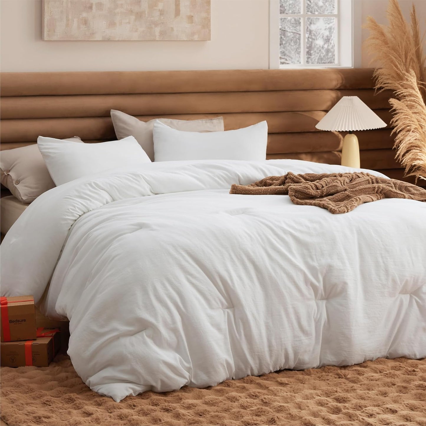 Bedsure Queen Size Comforter Set, Beige Soft Prewashed Bedding for All Seasons, 3 Pieces GentleSoft™ Warm Down Alternative Bed Set, 1 Lightweight Comforter (90"x90") and 2 Pillowcases (20"x26")