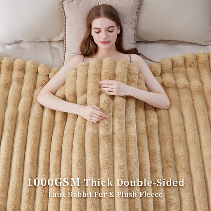 Faux Fur Throw Blanket, Thick 1000GSM Fluffy Cozy Lola Throw Blankets for Bed, Luxury Plush Striped Warm Soft Blanket for Couch LivingRoom Home Decor & Gifts(50"x 70", Beige)