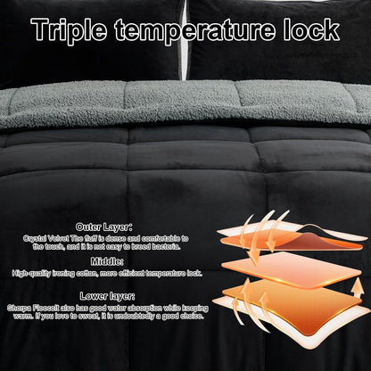 Fluffy Sherpa Queen Comforter Set 3 Pieces, Thick Reversible Down Alternative Fleece Comforter & 2 Pillow Shams,Super Soft Micromink Winter Warm Plush Bedding Comforter Sets (Black,Queen)