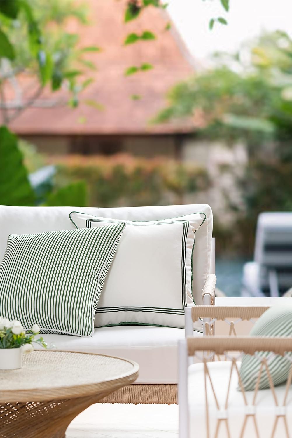 Hofdeco Premium Coastal Patio Indoor Outdoor Bolster Pillow Cover Only, 6"x20" Water Resistant for Backyard, Couch, Green Stripe