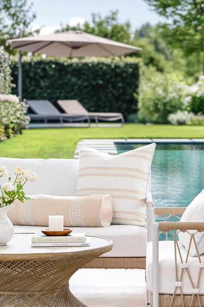 Hofdeco Premium Coastal Hampton Patio Indoor Outdoor Bolster Pillow Cover Only, 8"x24" Water Repellent for Backyard, Couch, Poolside, Neutral Tan Embroidered Greek Key