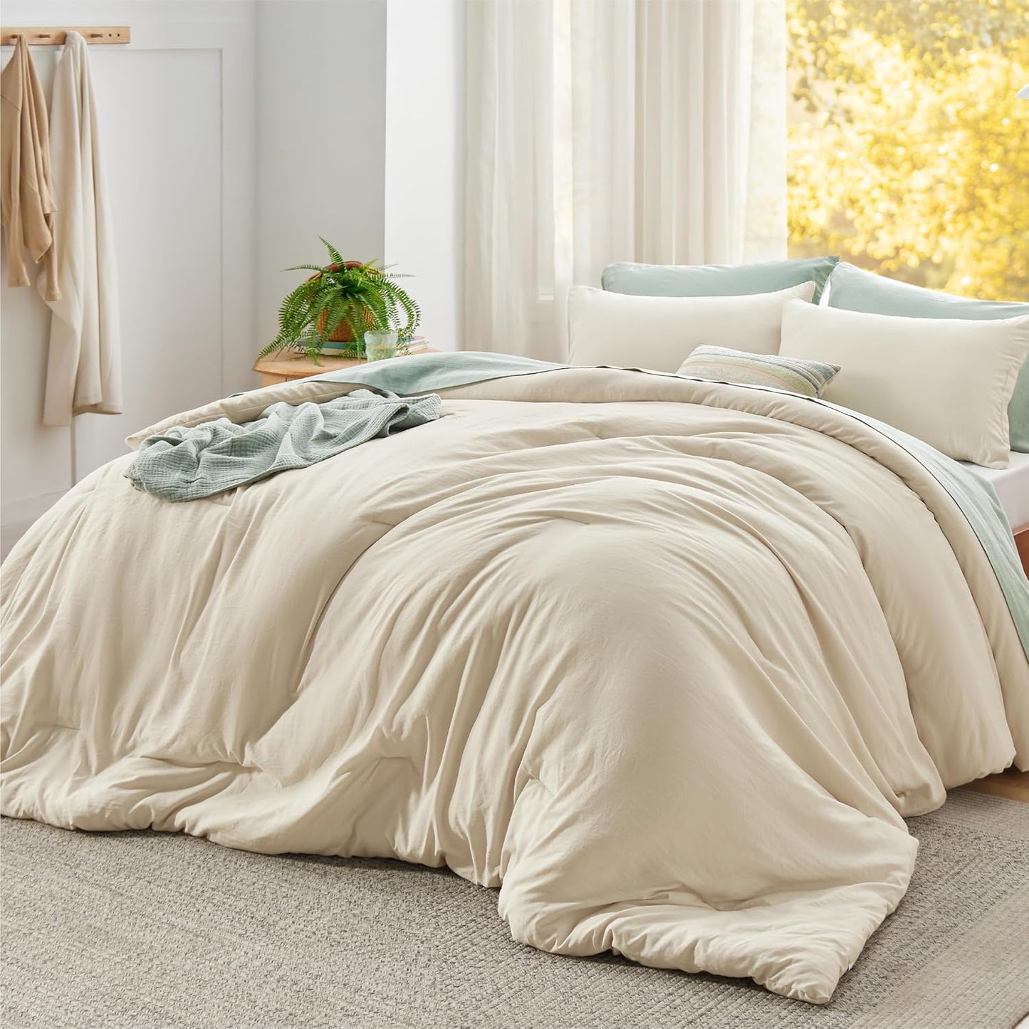 Bedsure Queen Size Comforter Set, Beige Soft Prewashed Bedding for All Seasons, 3 Pieces GentleSoft™ Warm Down Alternative Bed Set, 1 Lightweight Comforter (90"x90") and 2 Pillowcases (20"x26")