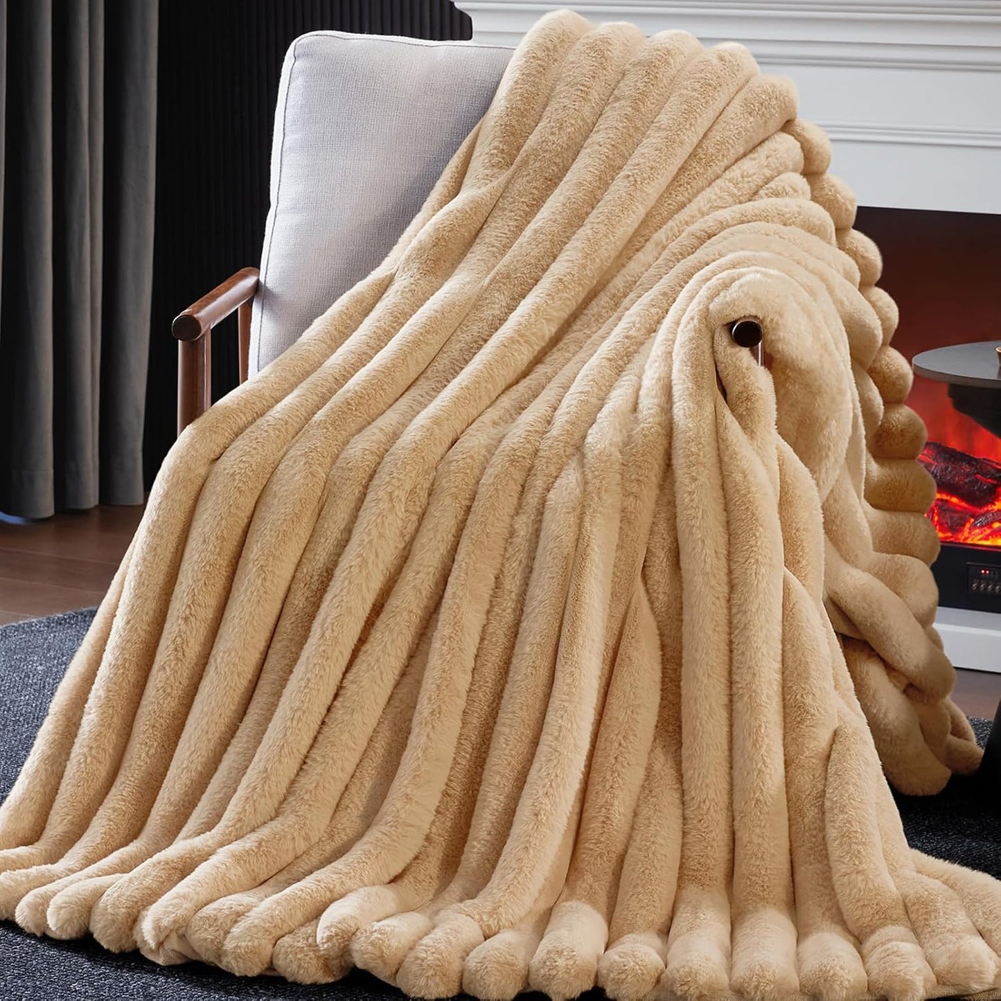 Faux Fur Throw Blanket, Thick 1000GSM Fluffy Cozy Lola Throw Blankets for Bed, Luxury Plush Striped Warm Soft Blanket for Couch LivingRoom Home Decor & Gifts(50"x 70", Beige)