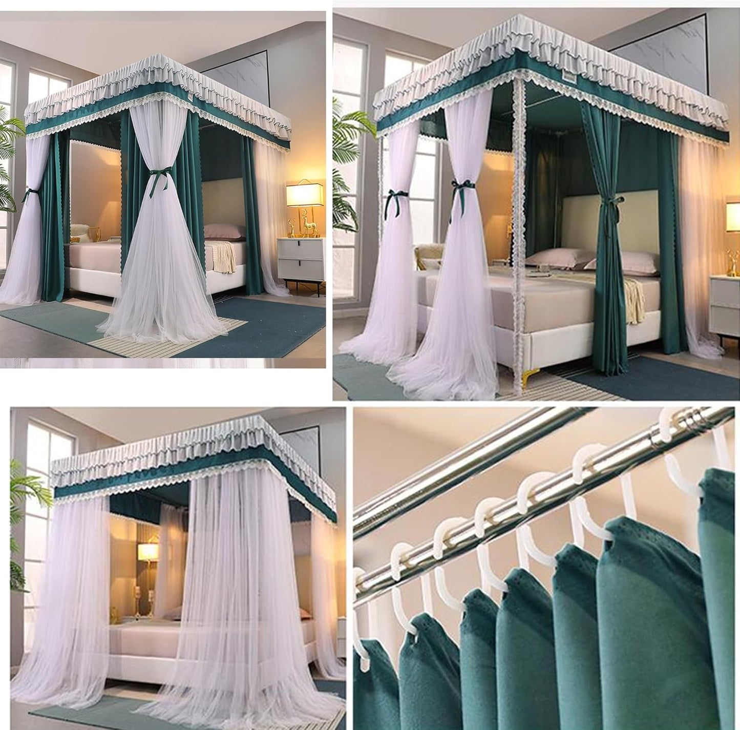Elegant Double-Layer Canopy Bed Curtains - Luxurious Lace Princess Bed Canopy for Girls & Adults - Fits Twin, Full, Queen, King Beds - Bed Privacy & Blackout Sleeping Tents(Green,150x200cm/Full)
