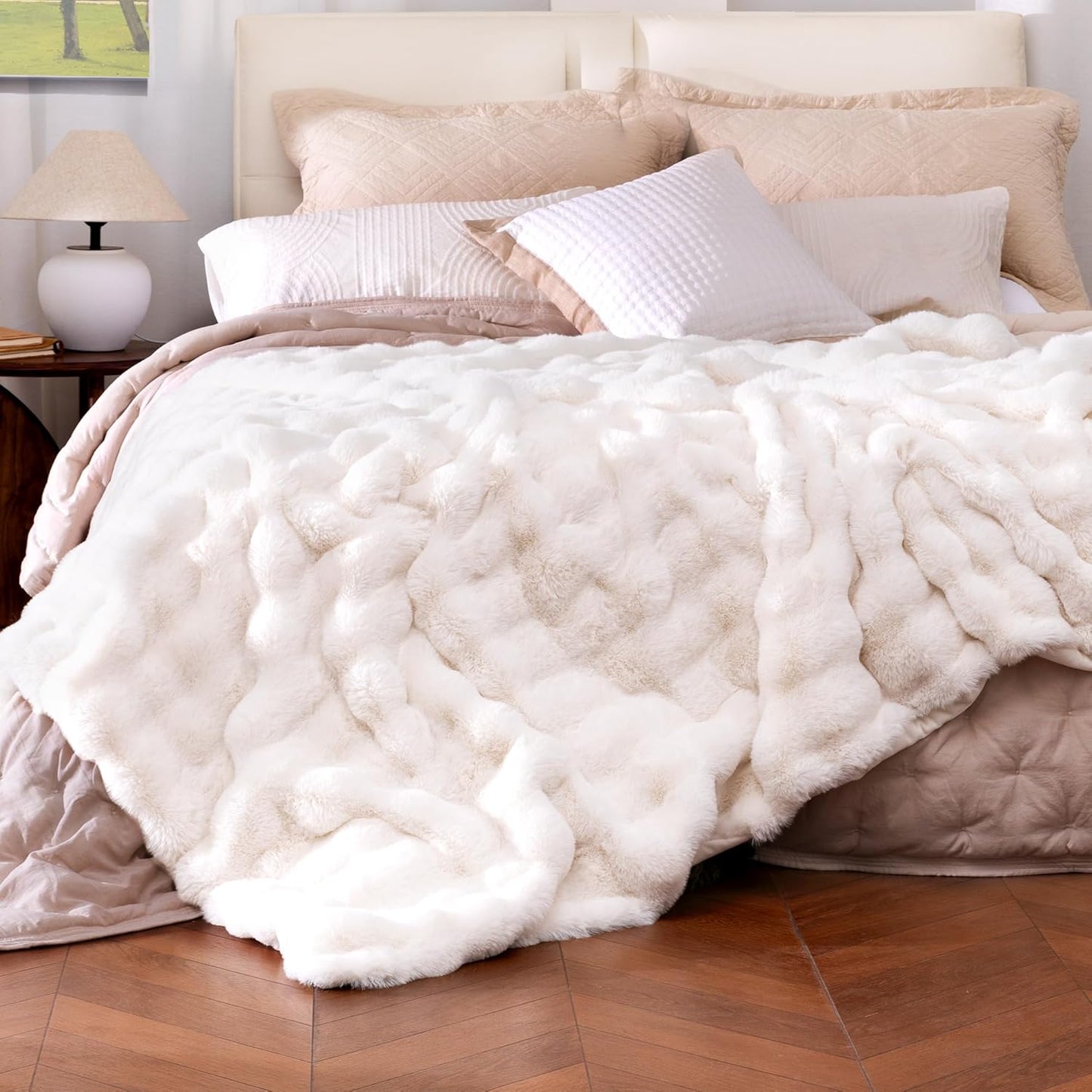 Ultra Soft Cozy Faux Fur Throw Blanket, Fuzzy Plush Thick Bubble Blanket, Luxury Fluffy Blanket for Couch, Sofa, Bedroom, and Living Room, 50x60 Inches, Cream White