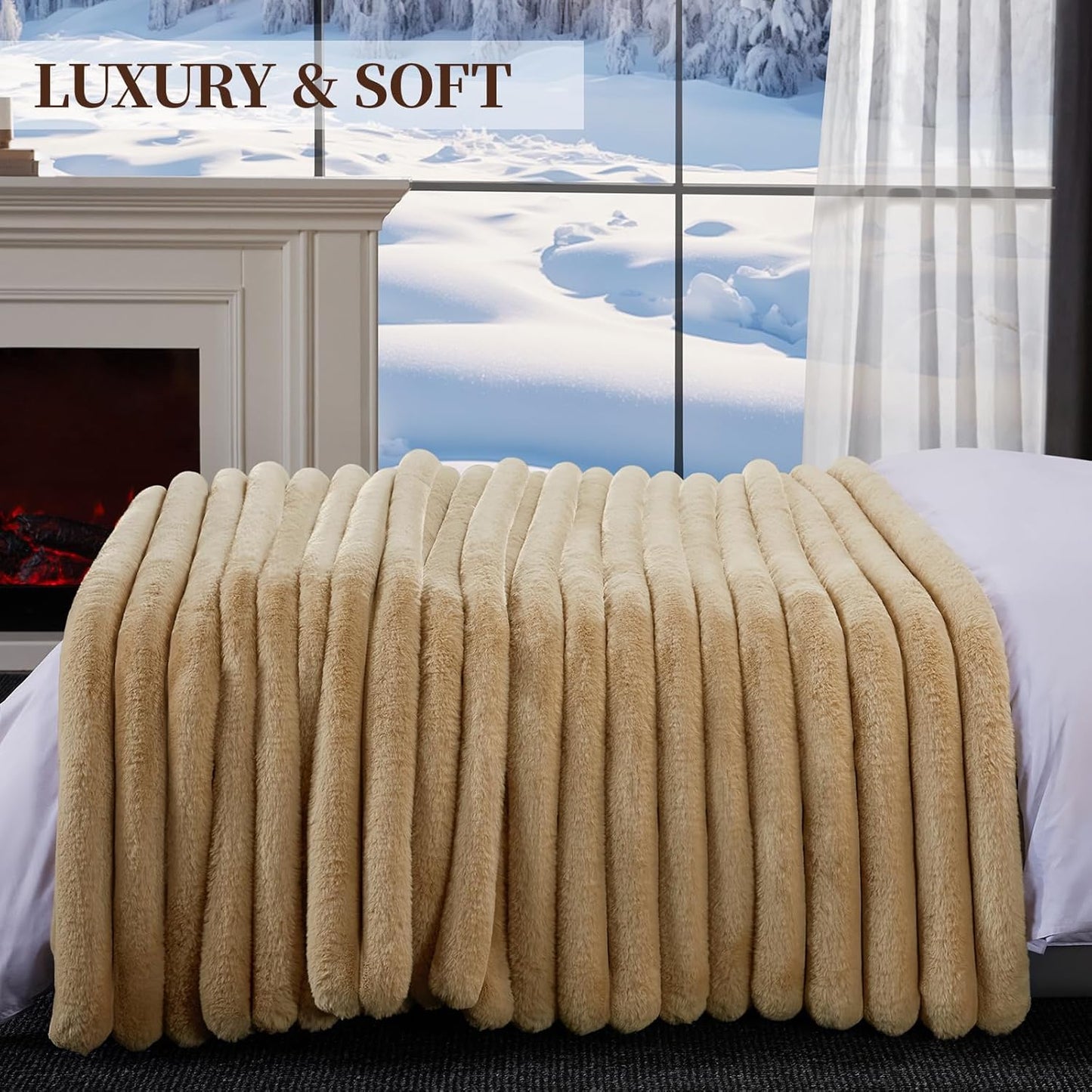 Faux Fur Throw Blanket, Thick 1000GSM Fluffy Cozy Lola Throw Blankets for Bed, Luxury Plush Striped Warm Soft Blanket for Couch LivingRoom Home Decor & Gifts(50"x 70", Beige)