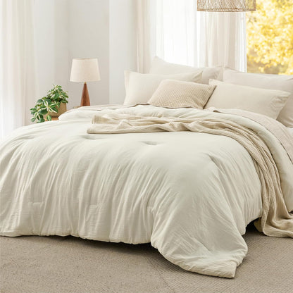 Bedsure Queen Size Comforter Set, Beige Soft Prewashed Bedding for All Seasons, 3 Pieces GentleSoft™ Warm Down Alternative Bed Set, 1 Lightweight Comforter (90"x90") and 2 Pillowcases (20"x26")