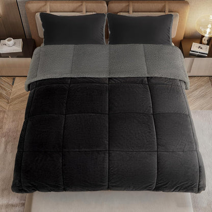 Fluffy Sherpa Queen Comforter Set 3 Pieces, Thick Reversible Down Alternative Fleece Comforter & 2 Pillow Shams,Super Soft Micromink Winter Warm Plush Bedding Comforter Sets (Black,Queen)
