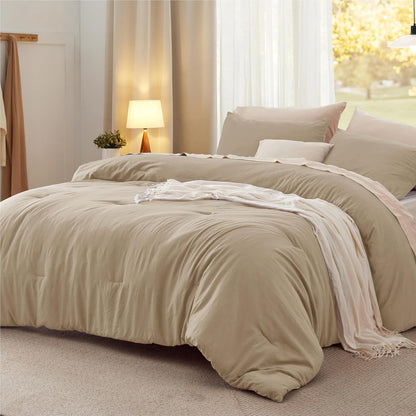 Bedsure Queen Size Comforter Set, Beige Soft Prewashed Bedding for All Seasons, 3 Pieces GentleSoft™ Warm Down Alternative Bed Set, 1 Lightweight Comforter (90"x90") and 2 Pillowcases (20"x26")