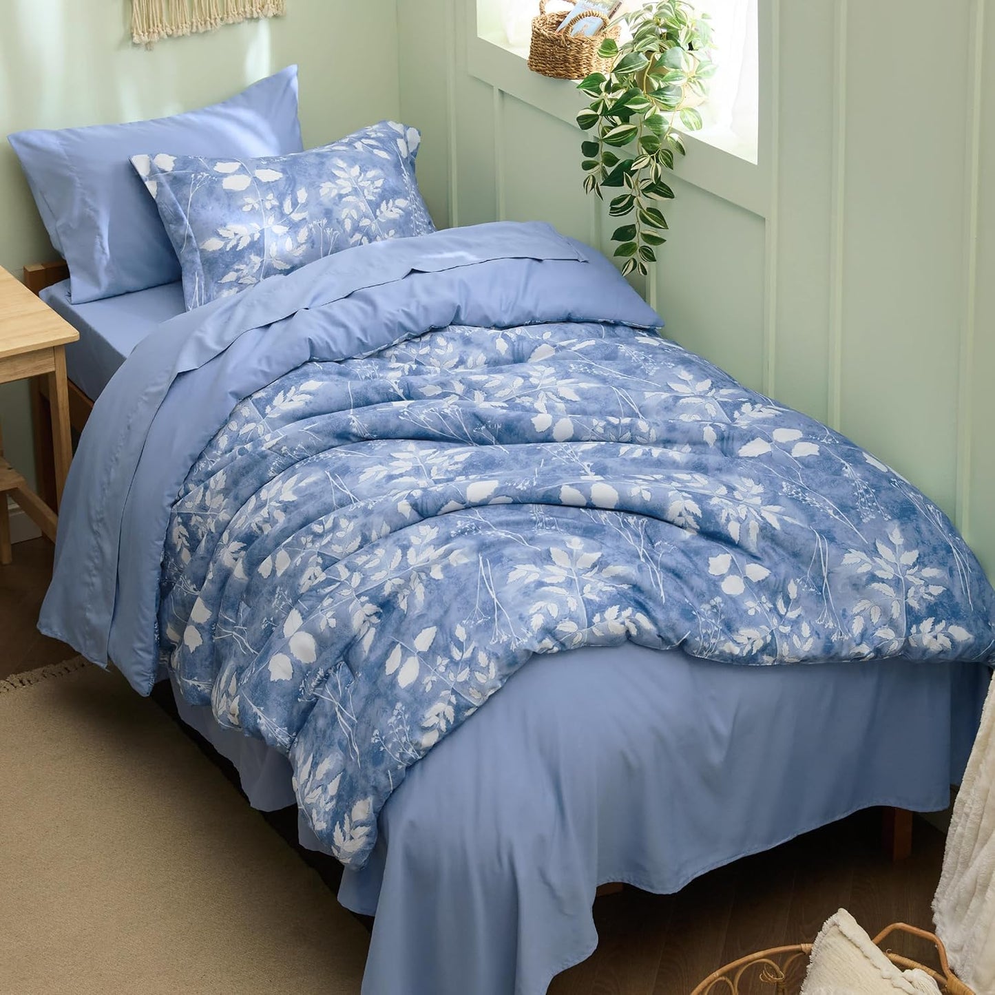 Bedsure Queen Comforter Set - 7 Pieces Floral Sage Green Soft Bedding Sets, Queen Bed in a Bag with Botanical Flowers Comforter, Sheets, Pillowcases & Shams