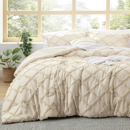 Bedsure Tufted Boho Comforter Set Queen Size - Beige Boho Bed Set, GentleSoft™ 3 Pieces Farmhouse Shabby Chic Embroidery Bedding, Gifts for Woman, Soft Jacquard Queen Comforter for All Seasons