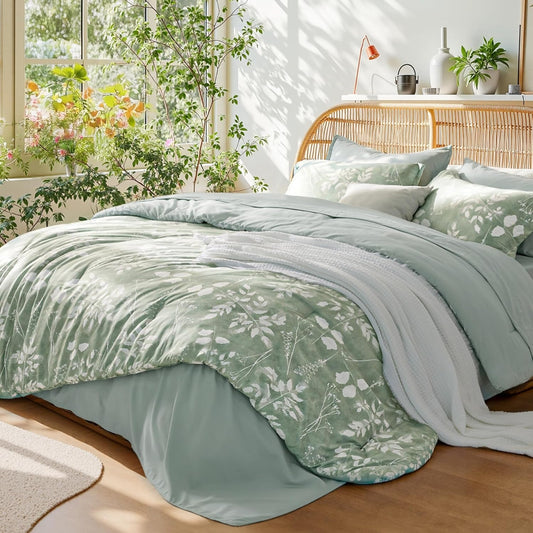 Bedsure Queen Comforter Set - 7 Pieces Floral Sage Green Soft Bedding Sets, Queen Bed in a Bag with Botanical Flowers Comforter, Sheets, Pillowcases & Shams