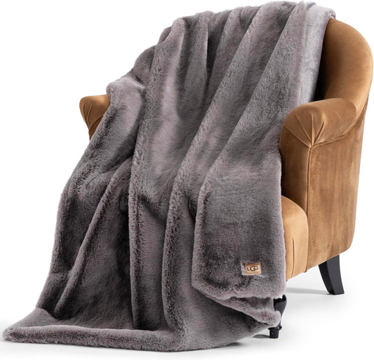 UGG Plush Faux Fur Throw Blanket Reversible Medium Weight Luxury Soft Throw Blankets for Bed or Chair, Hypoallergenic, Machine Washable, Home Decor, 50-inch x 70-inch, Charcoal Dark Grey (Euphoria)