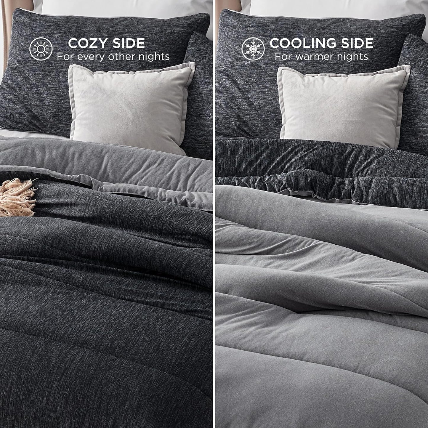 Bedsure Queen Comforter Set - Cooling and Warm Bed Set, Charcoal Black Reversible Bedding for All Season, 3 Pieces, 1 Queen Size Comforter (88"x88") and 2 Pillow Cases(20"x26")